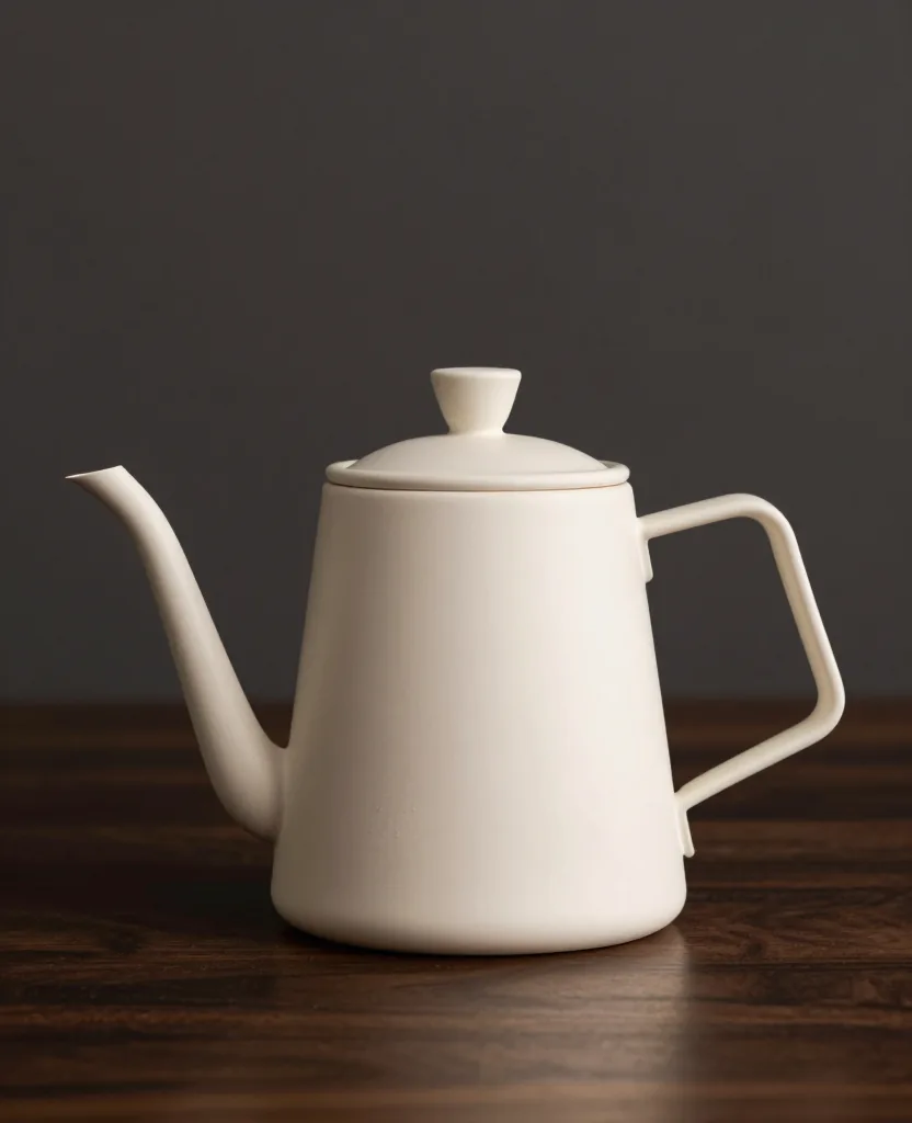 Ceramic pour-over kettle on a dark walnut surface
